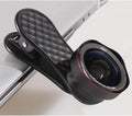 Mobile phone lens kit showing wide-angle and macro lenses with clip and storage box in black, silver, and rose gold colours