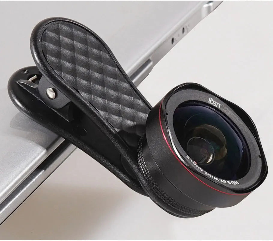 Mobile phone lens kit showing wide-angle and macro lenses with clip and storage box in black, silver, and rose gold colours