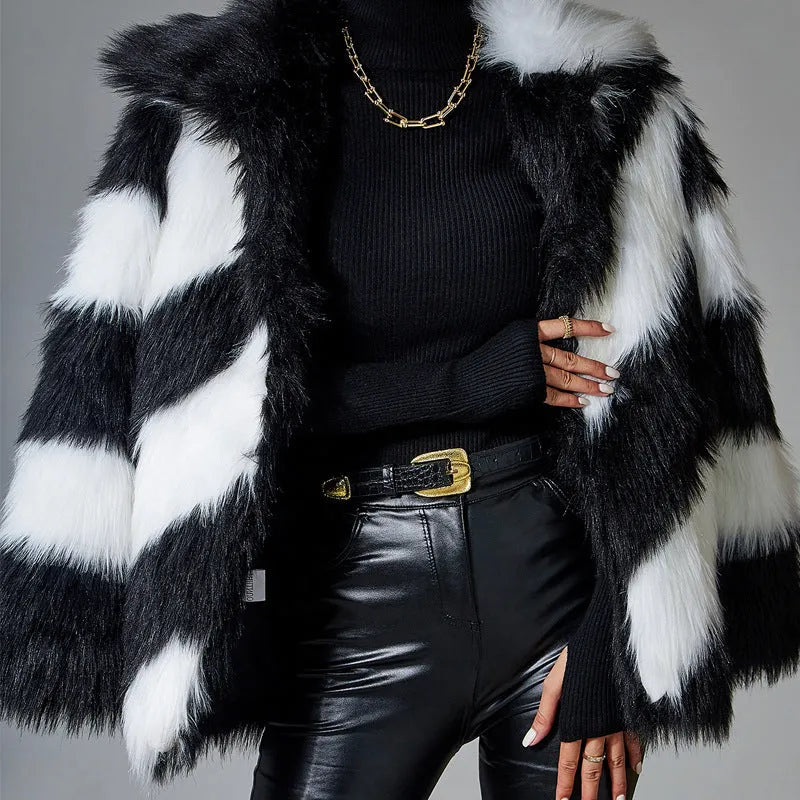 Picture colour faux fur coat with contrasting lapel and fur collar, regular sleeves.