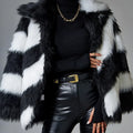 Picture colour faux fur coat with contrasting lapel and fur collar, regular sleeves.