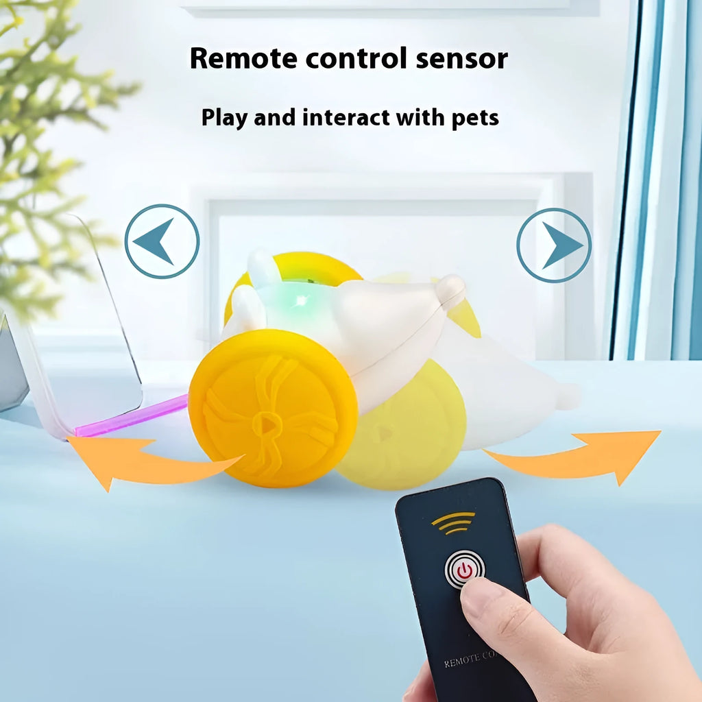 Electric cat toy mouse with remote control and USB charging cable in blue and yellow colour options