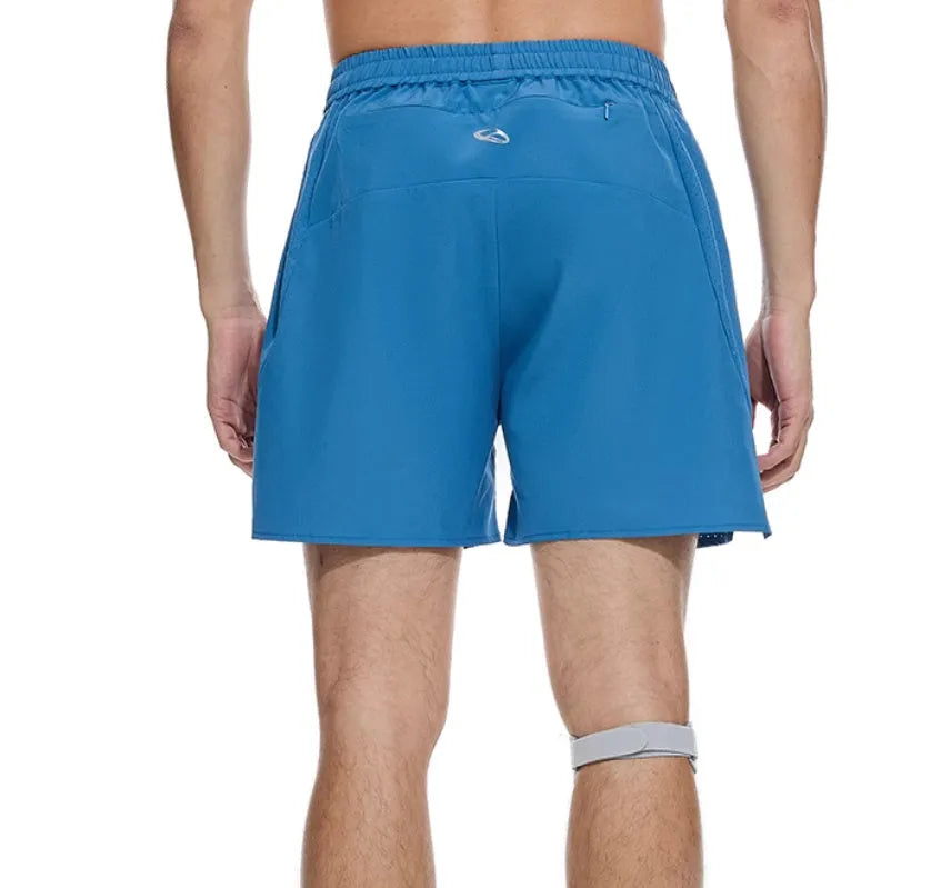 Four-point running shorts with laser punching stitching in black or blue colours showing stretch fabric construction