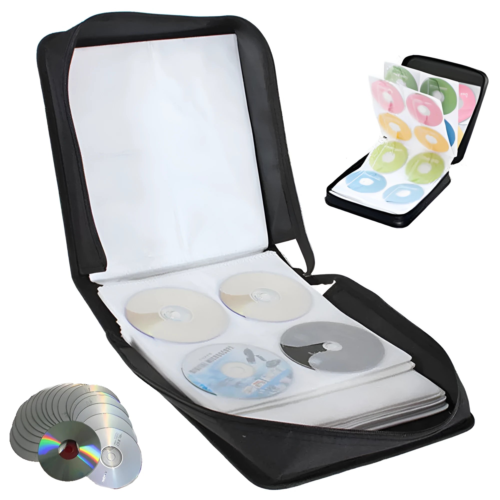 Black Oxford cloth CD DVD storage binder with zipper closure and top carrying strap