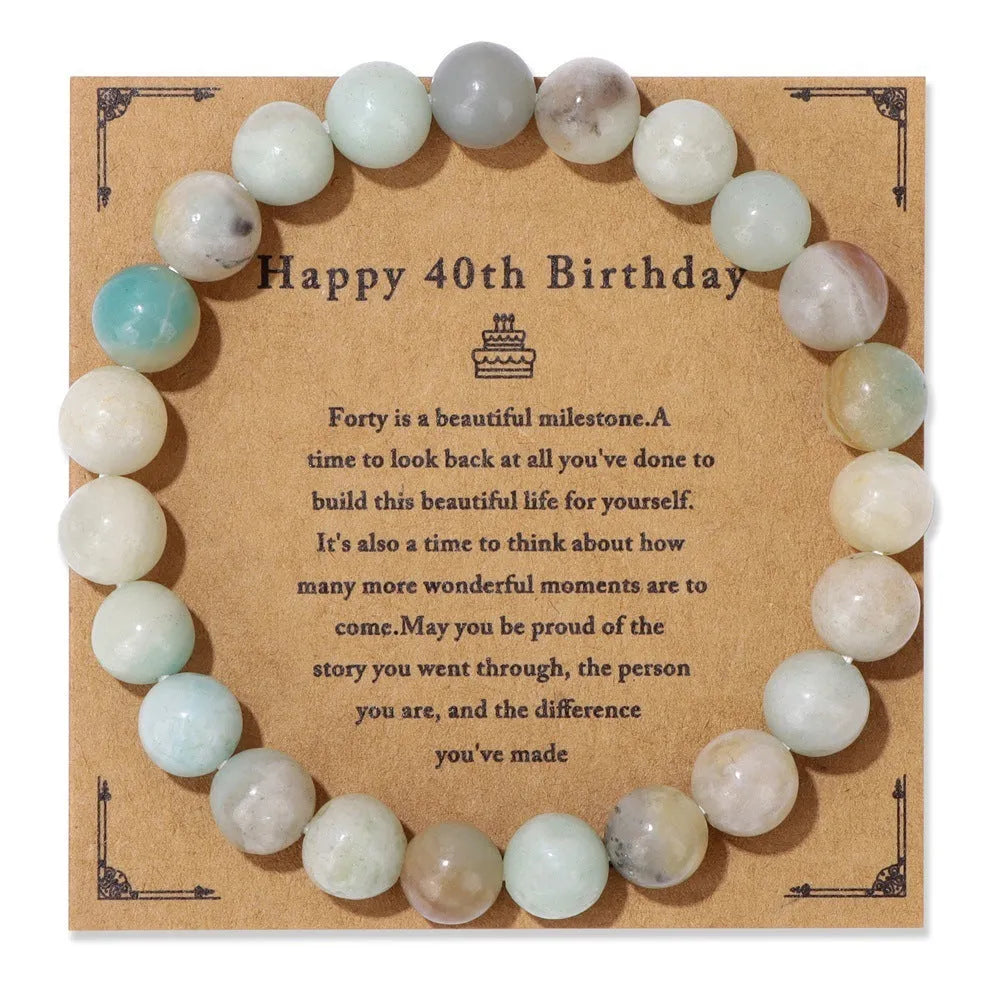 Men's natural stone bead elastic string bracelet in geometric circle style with birthday card