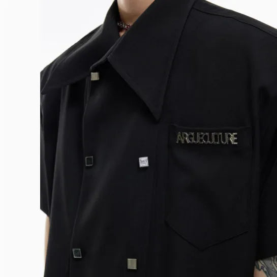 Men's loose fit short-sleeved summer shirt in black colour with lapel collar and decorative details