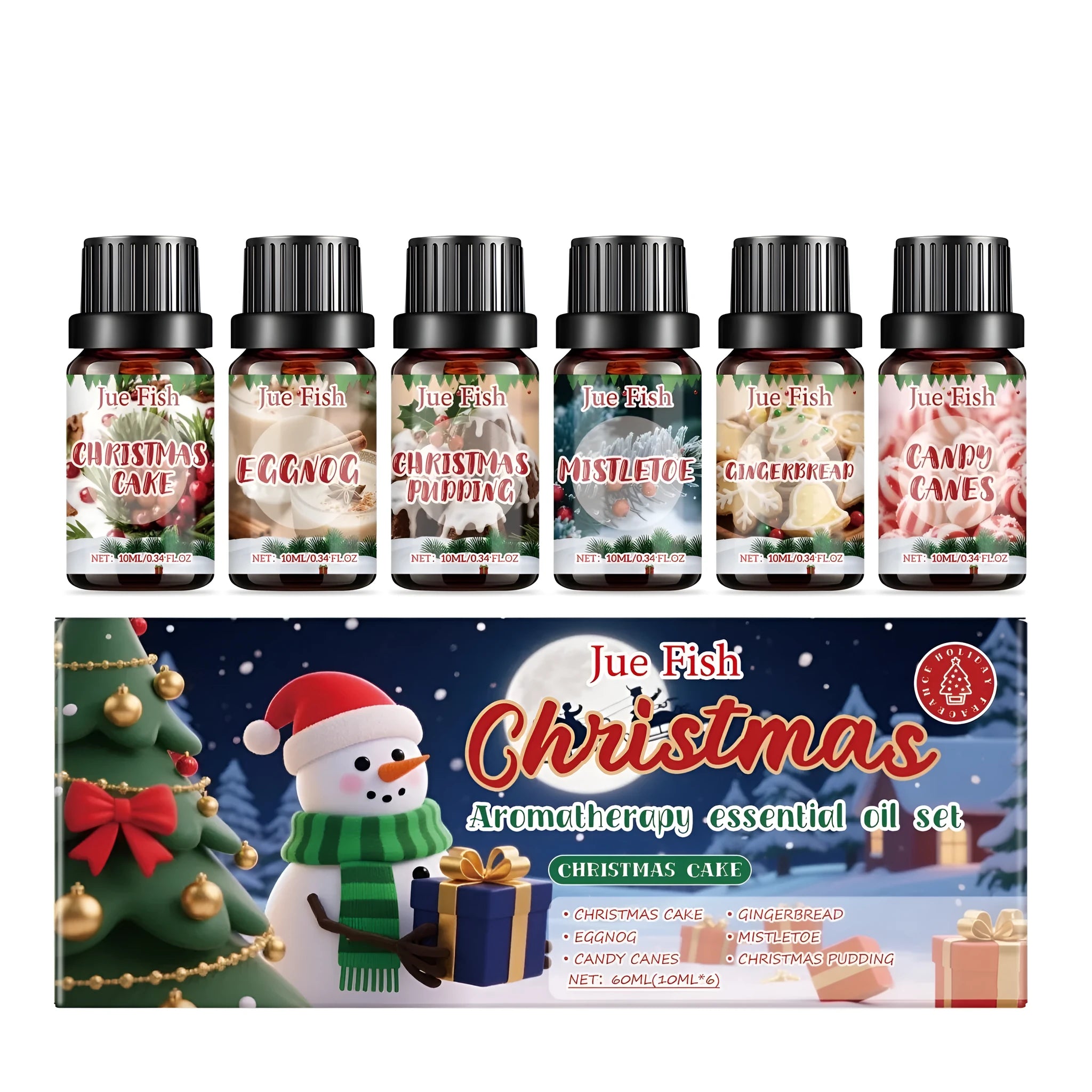 Christmas essential oil set showing six 10ml bottles with different festive fragrance labels