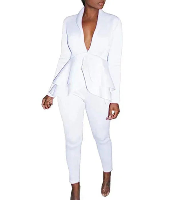 Ruffled business uniform set showing shirt with detailing and matching pencil pants