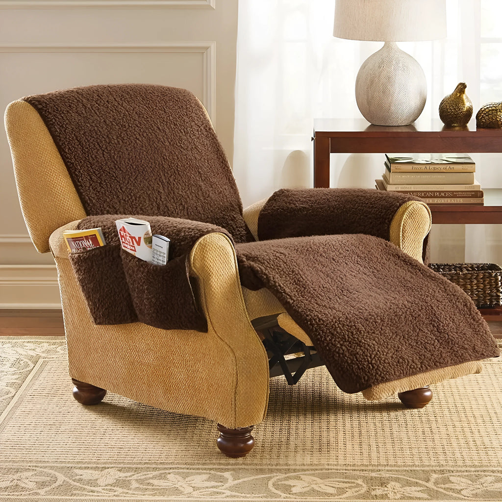 Lambswool polyester sofa cushion cover shown in beige, red, coffee, and dark grey colour options.