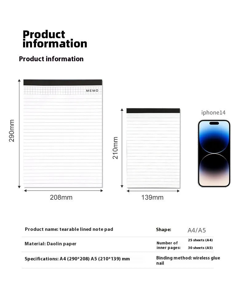 A4 tearable notebook with a paper cover, open to show ivory white gridded pages.