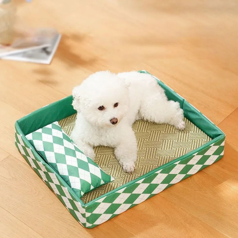 Blue rattan woven cat litter mat and bed placed next to a litter tray.