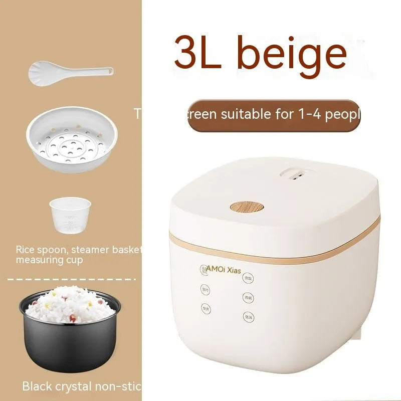 White beige intelligent multi-function rice cooker with black inner pot and accessories
