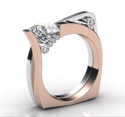 Rose gold coloured geometric women's ring with a central zircon stone inlay.