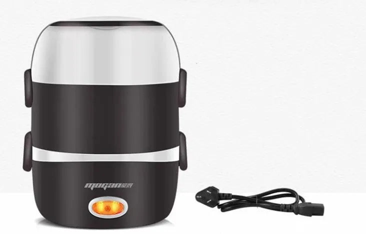 White rice cooker with stainless steel steaming basket, 2 litre capacity, 200w power rating