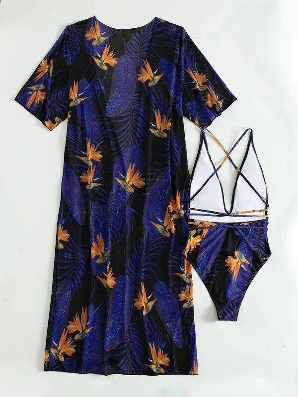 Women's polyester three-piece swimsuit set in one of four patterns, showing the one-piece bikini and cover-up coat.