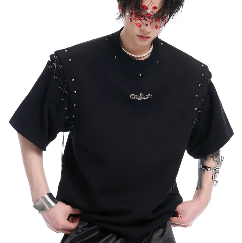 Deconstruction style short sleeve T-shirt with lace-up sides and cutout details in black or white.