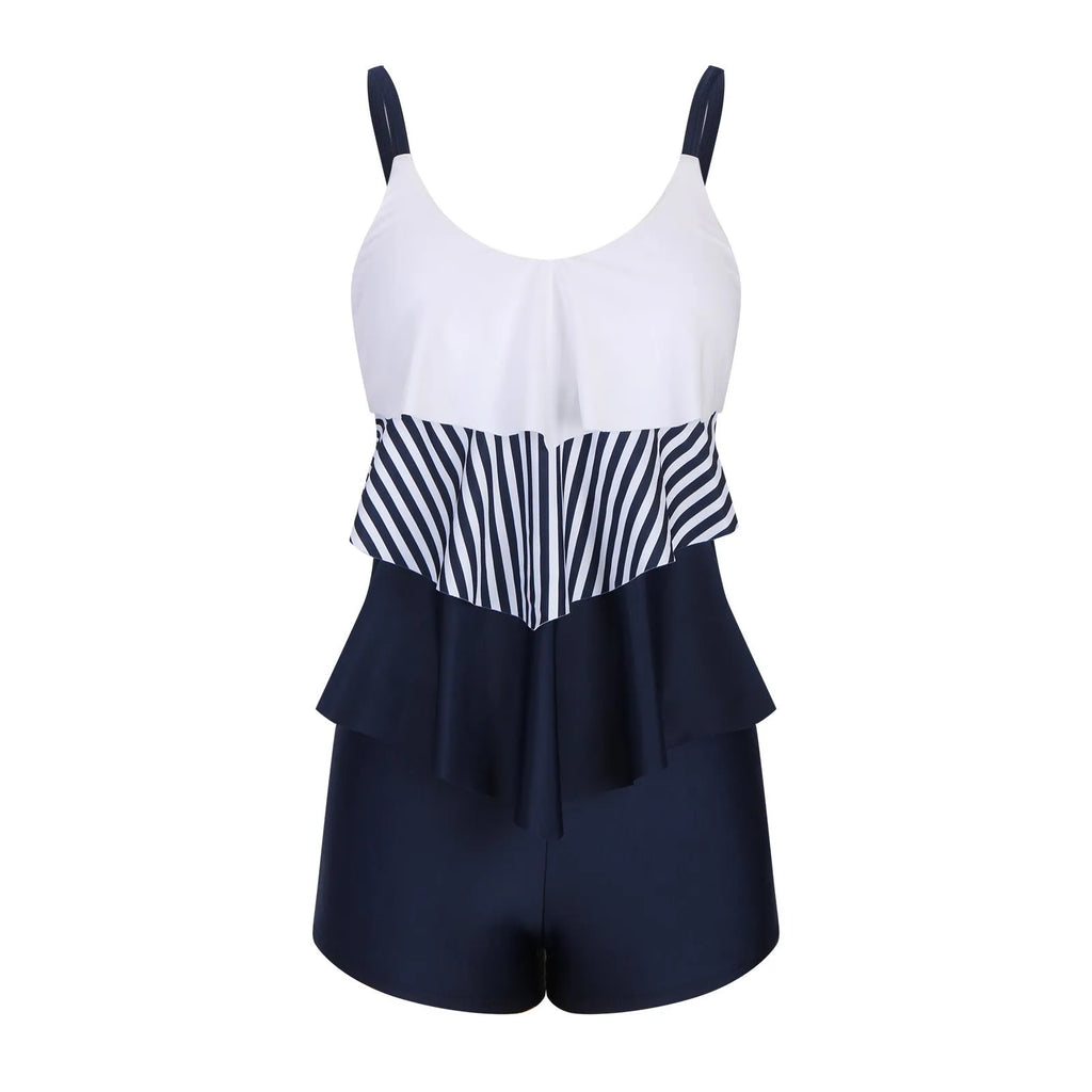 Women's conservative stripe bikini with boyshort shorts and split-front top on a mannequin.