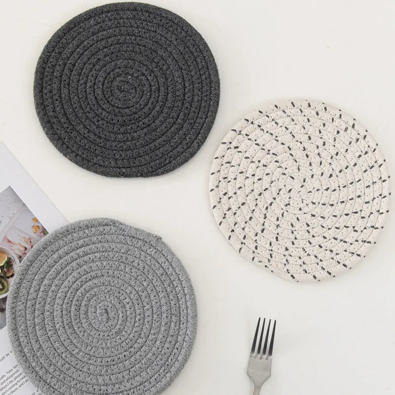 Cotton cord round coaster placemat three-piece set in blue colour with 18cm diameter