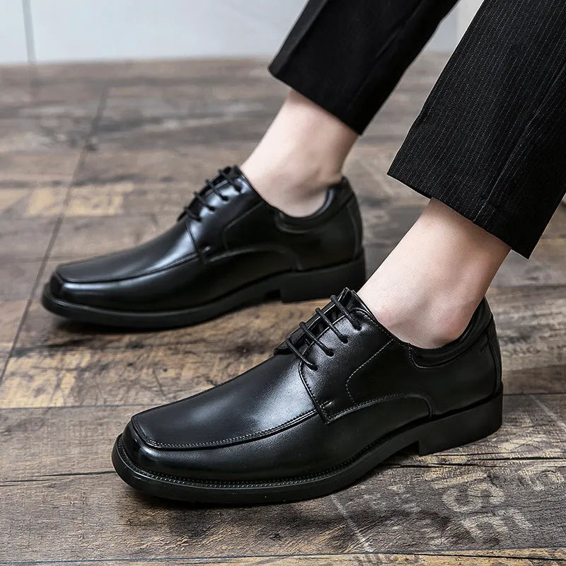 Men's black square toe leather business casual shoes with low-top ankle height