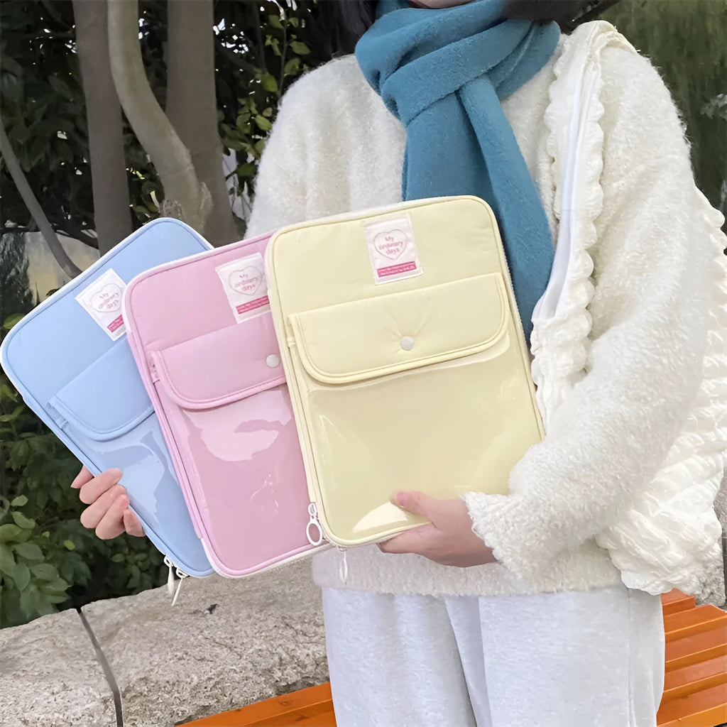 Nylon tablet PC bag with snap pocket closure in multiple colours showing size comparison