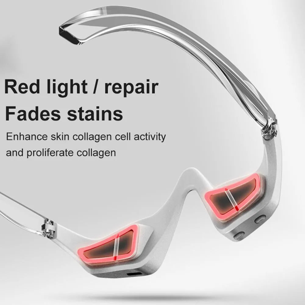 3D micro-current eye massager with glasses-like design showing pink and white colour options