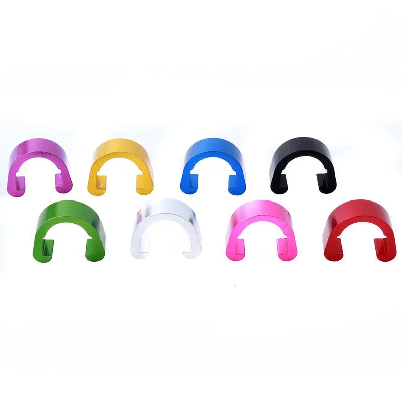 Aluminium alloy C-shaped buckle in multiple colours, shown with a keyring for scale.