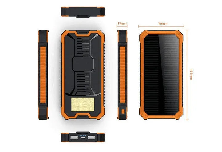 Solar power bank in orange plastic case with solar panel, showing USB ports and dimensions 161x79x17mm.
