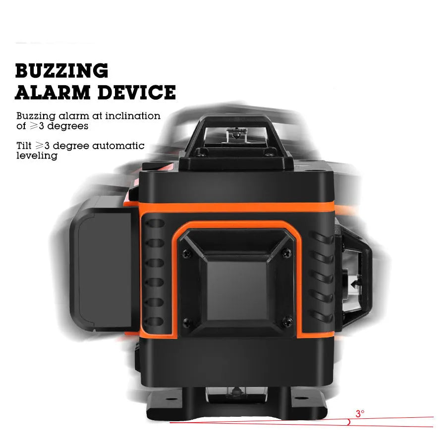 Rotating laser level with orange display showing 16 levelling lines and charging port