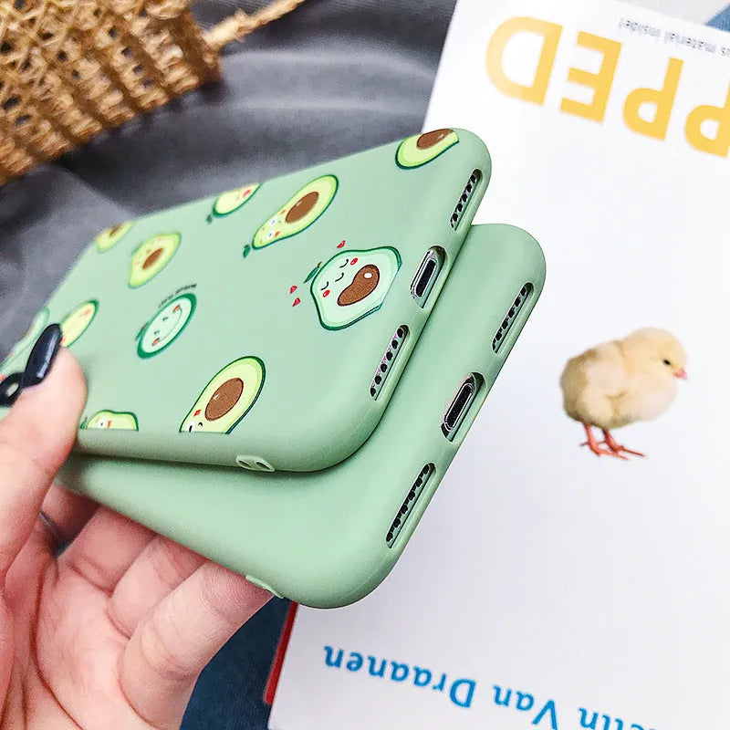 Colourful avocado cartoon design on a flexible TPU phone case for Apple iPhone.