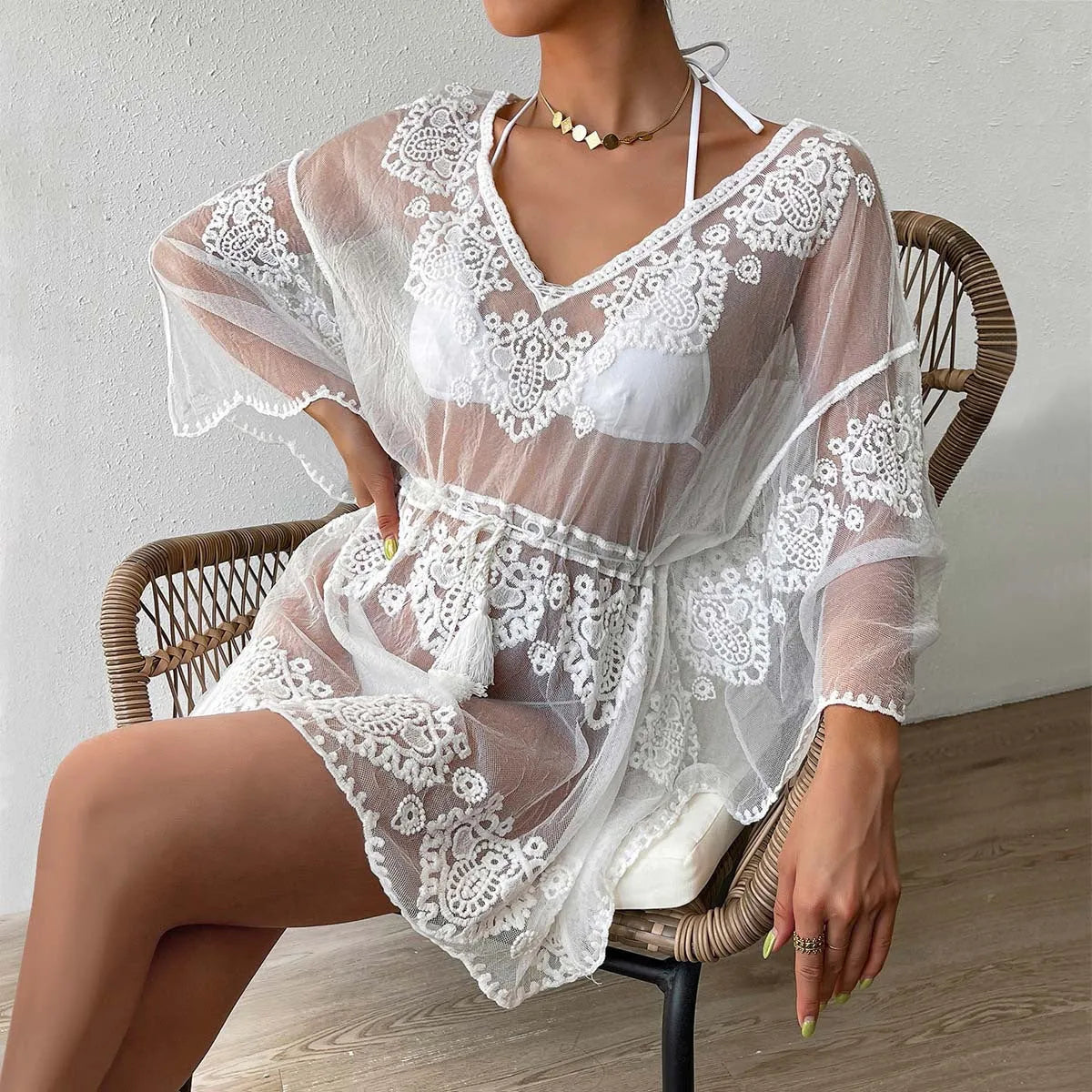 White water-soluble beach blouse with free size fit for swimming protection