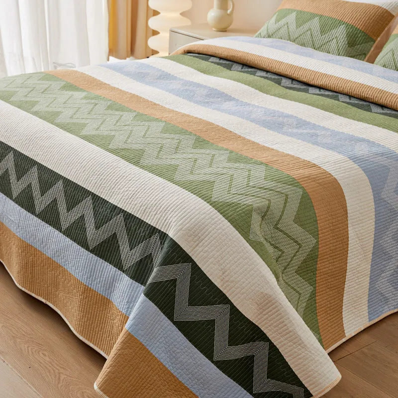 Pure cotton printed bed sheet set showing fitted sheet, flat sheet and pillowcase in modern simple design