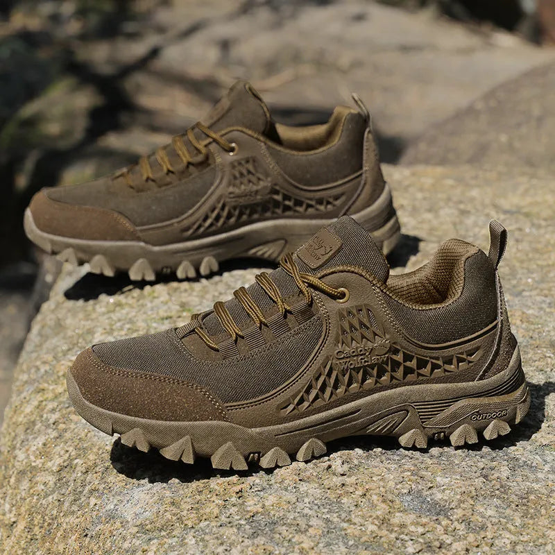 Men's khaki non-slip platform hiking shoes with PU mesh upper, low-top design, and front lace-up closure