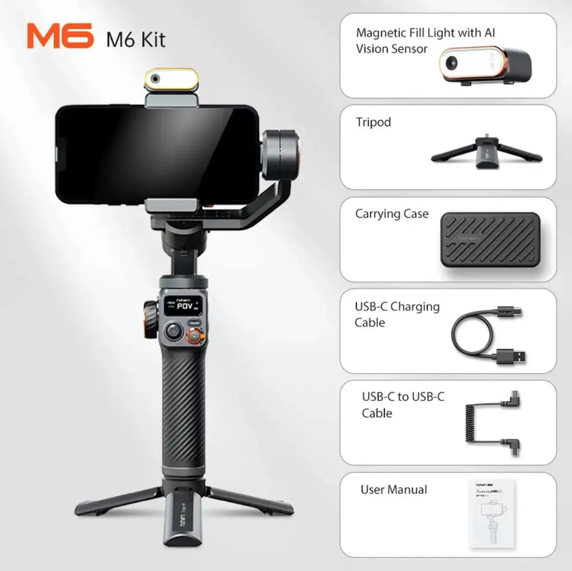 Black AI face tracking three-axis smartphone stabiliser with magnetic fill light mounted on tripod