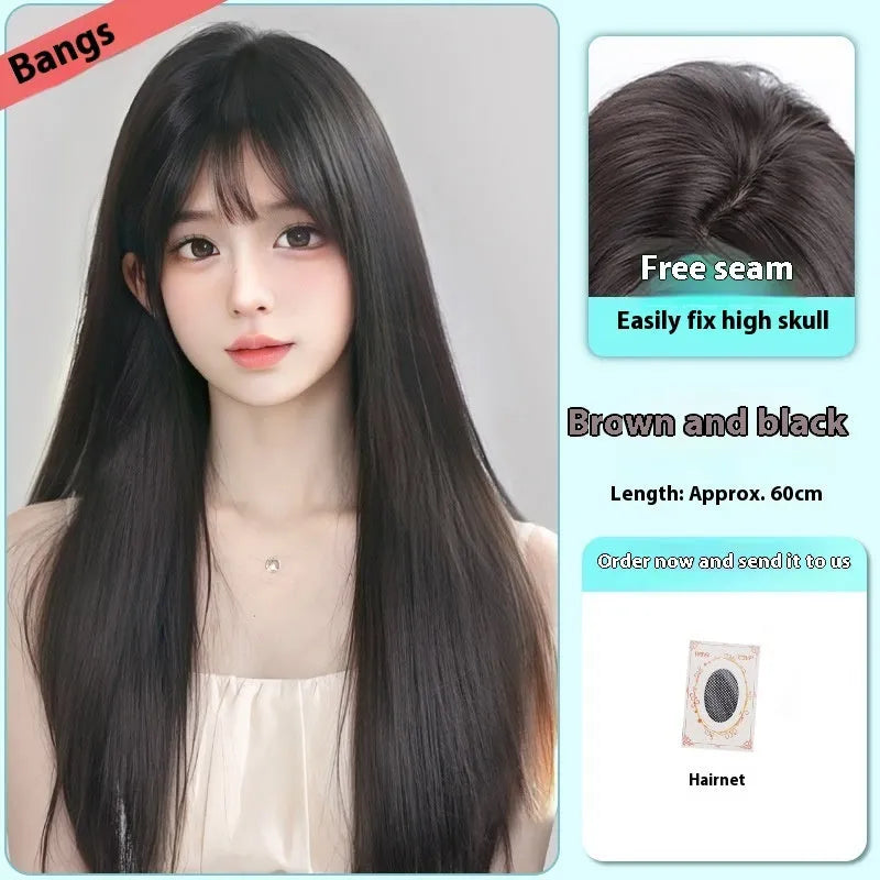 Female full-head forehead lace wig in brown black colour with fluffy texture