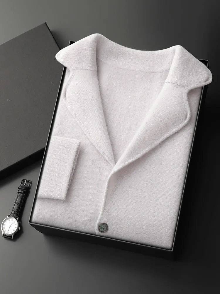 Men's cashmere cardigan jacket in loose fit with thickened knit, shown in light grey colour option
