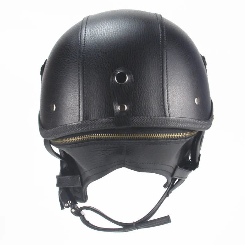 Retro leather motorcycle helmet with half pedal design in black or dark brown colours