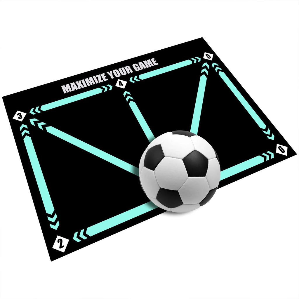 Black rectangular football training mat on grass for skills practice.
