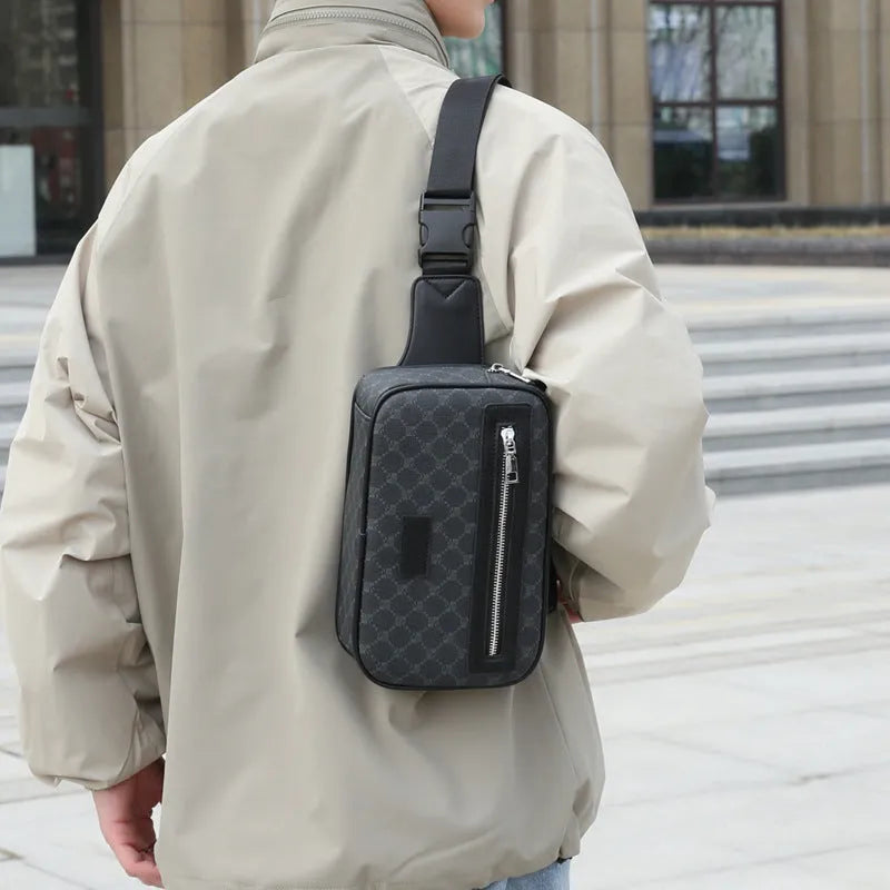 Men's black crossbody bag with chest strap and decorative sewing lines