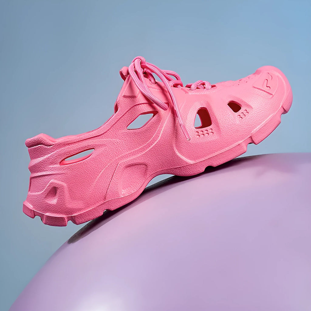 A pair of bright EVA sandals with a thick sole, shown in fluorescent green.