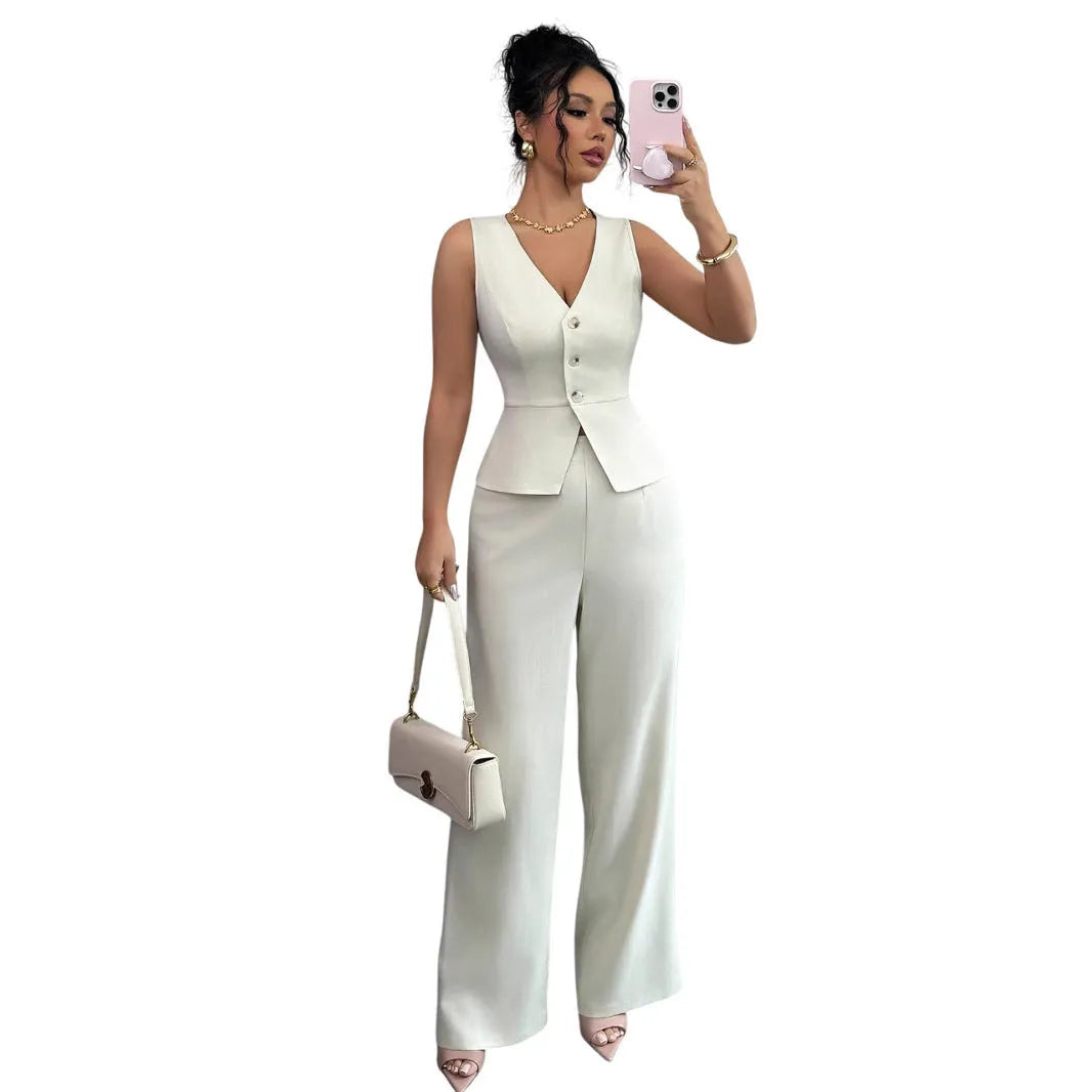 Women's black sleeveless vest and high-waist trousers two-piece casual set.