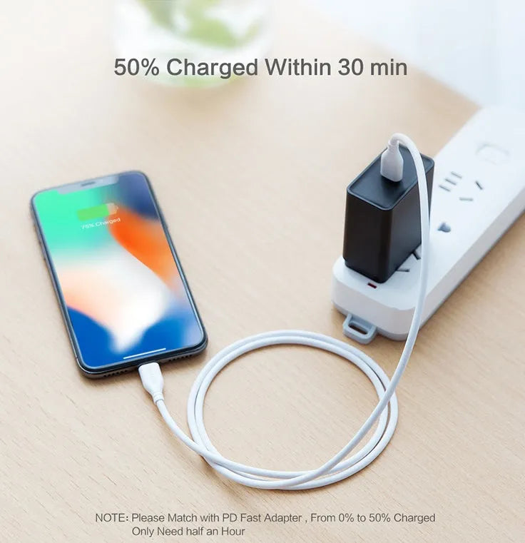 White braided USB-C to Lightning charging cable for iPhone shown at 1 metre length.