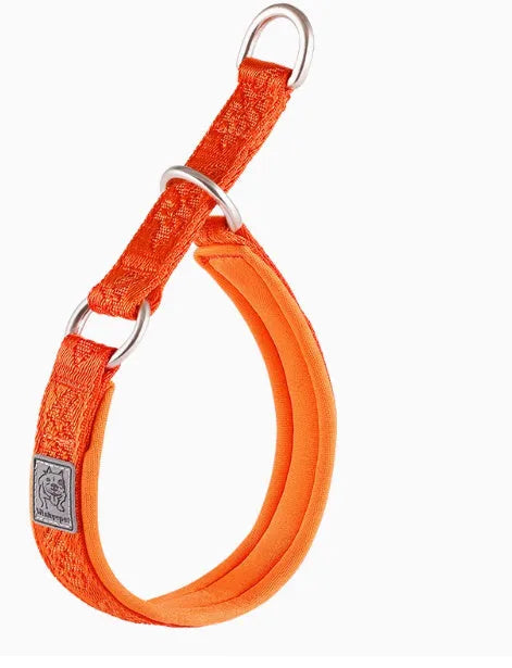 P-chain dog walking collar in reflective army green nylon with aluminium hardware, shown on size chart from 2XS to 3XL.