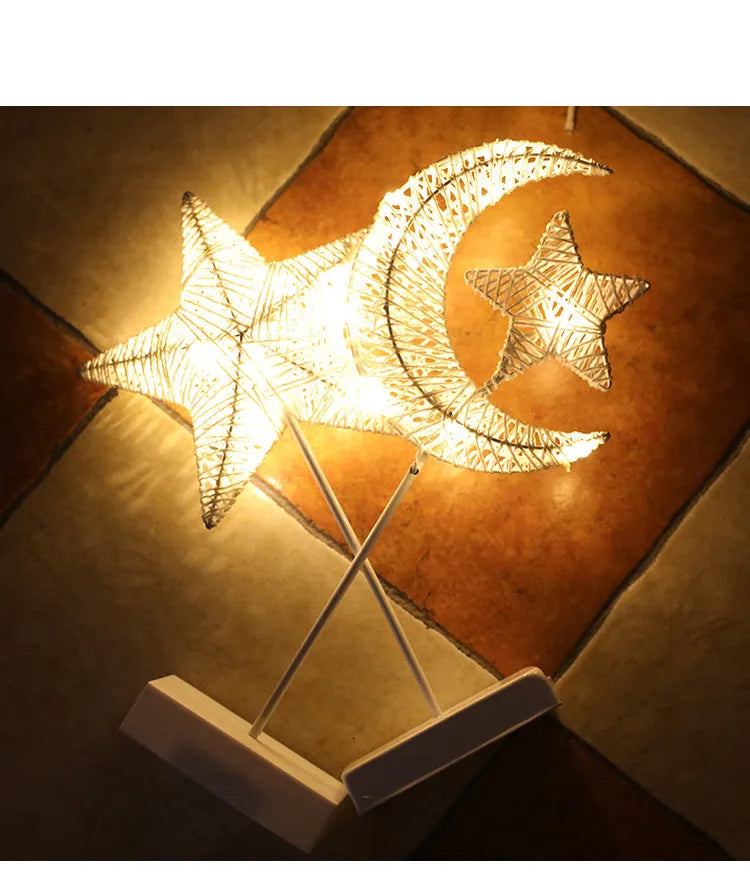 Rattan and copper wire LED star lamp, heart lamp, and moon lamp for bedroom decoration