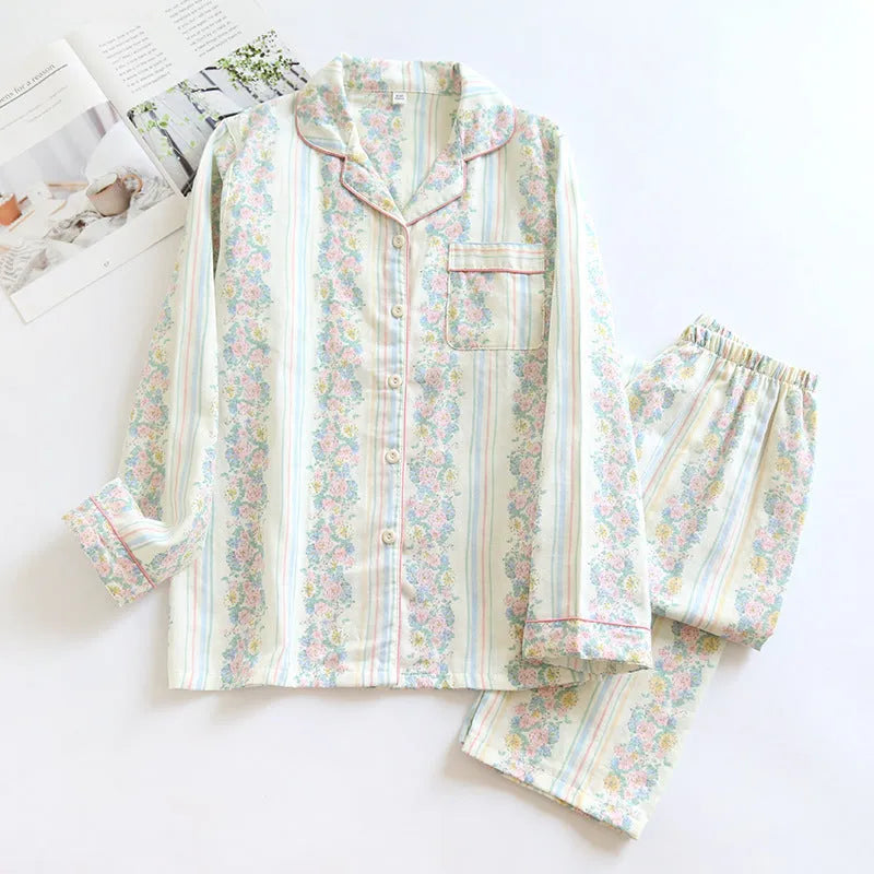 Japanese sweet style women's cotton gauze homewear two-piece set with long sleeves and trousers.