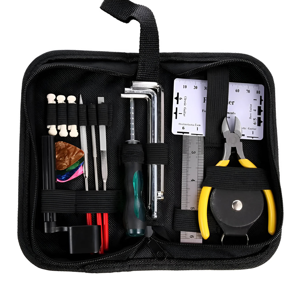 Black plastic case open to show metal guitar repair tools for maintenance
