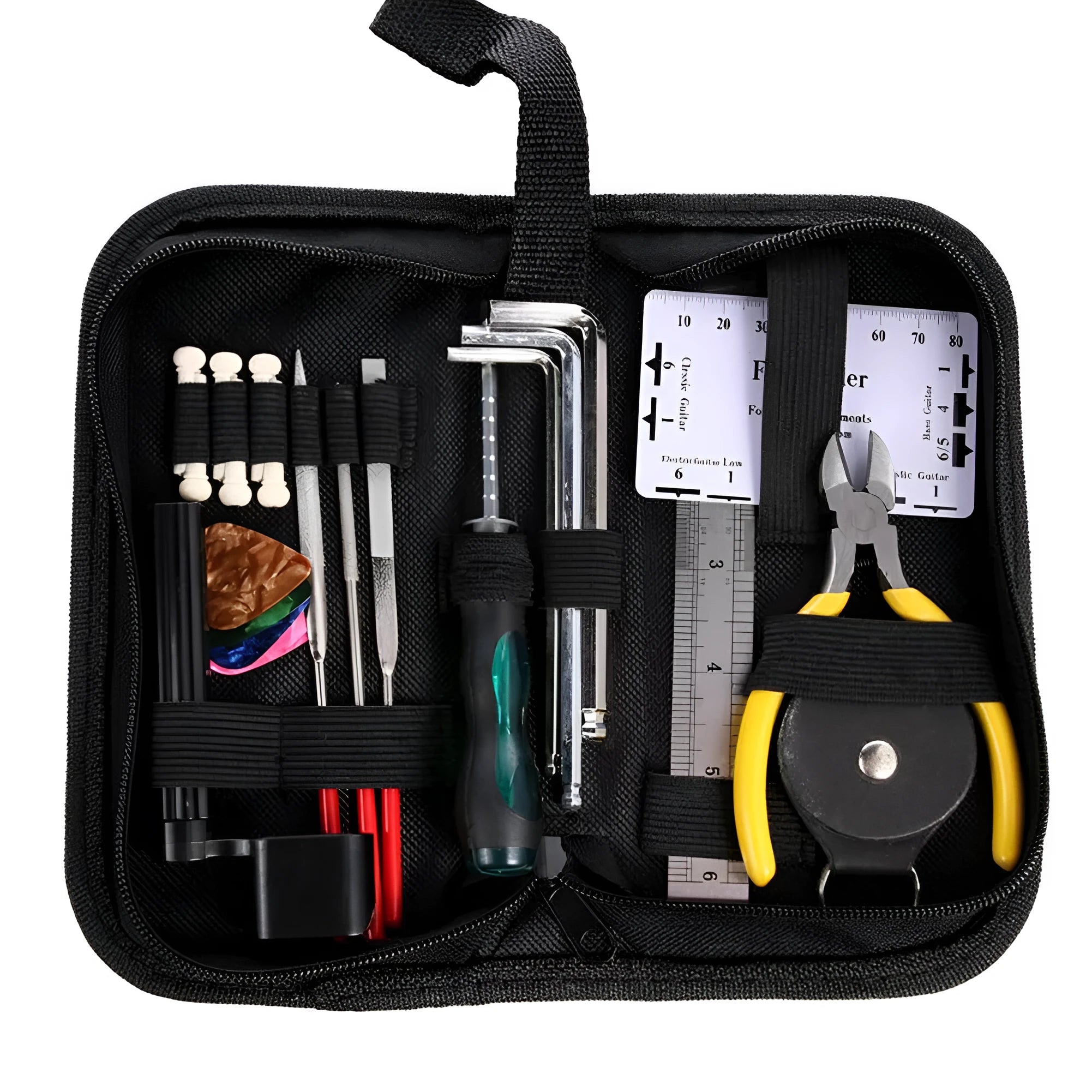 Black plastic case open to show metal guitar repair tools for maintenance