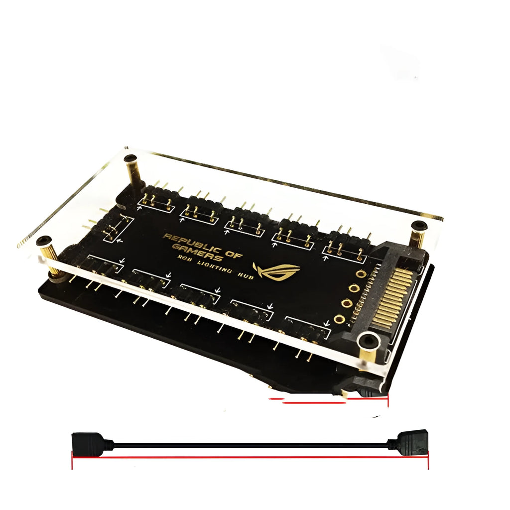 Black AURA RGB One Point Ten 10-port 5V hub with SATA power cable for PC lighting expansion.