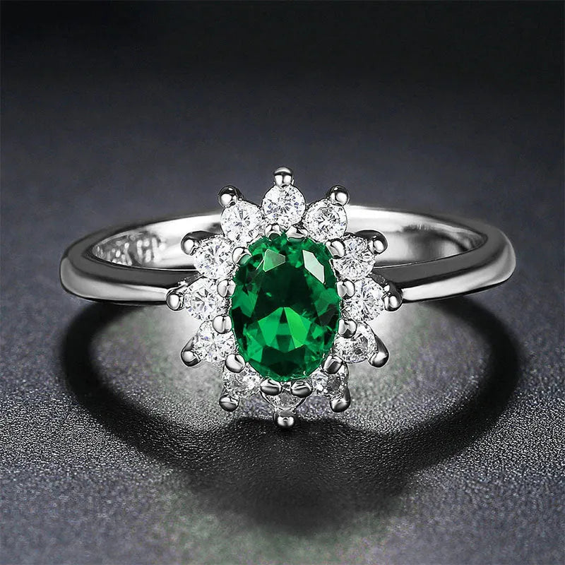 Blue moissanite copper flower ring with electroplated finish shown on finger