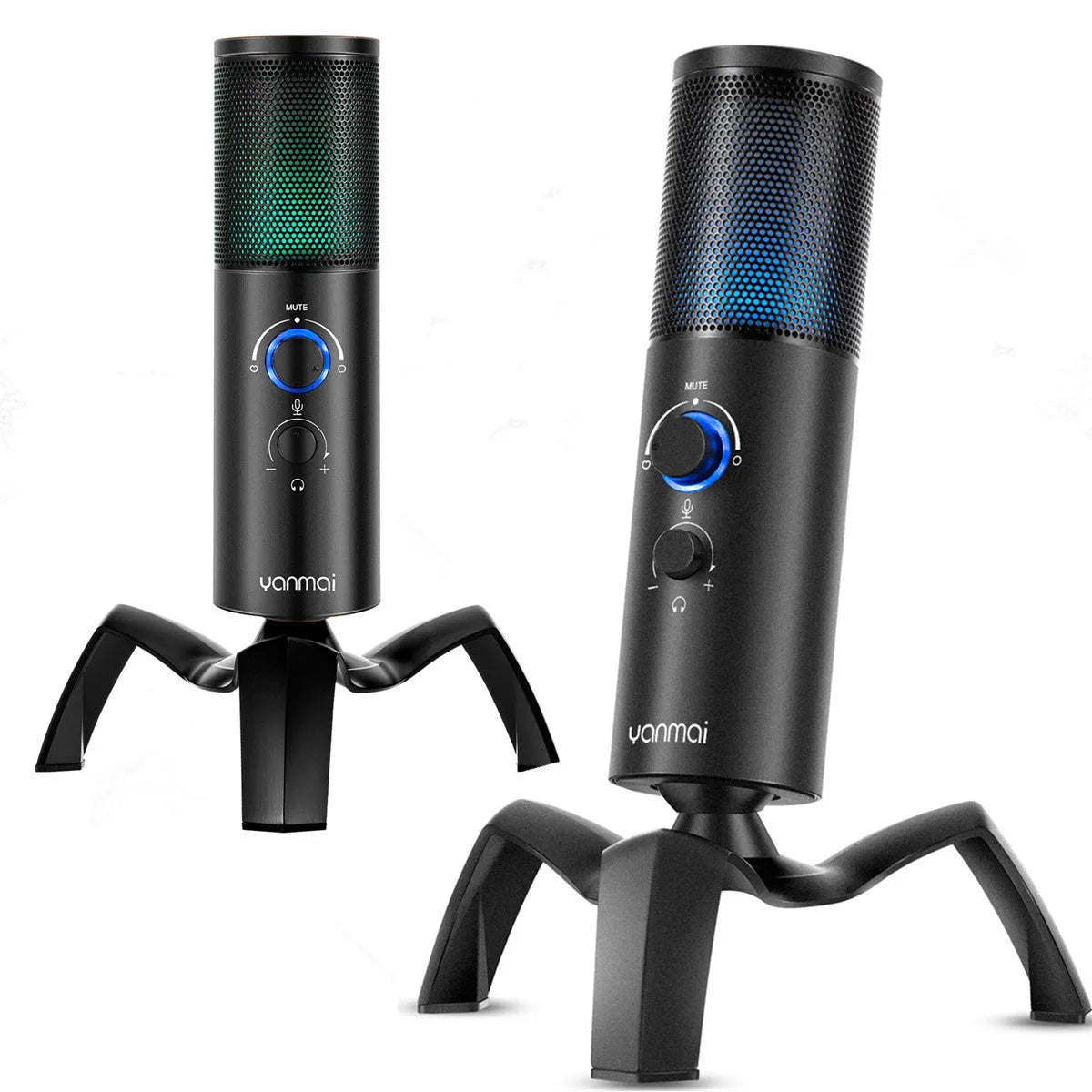 Black Q18 USB condenser microphone with RGB lighting on an adjustable metal tripod.