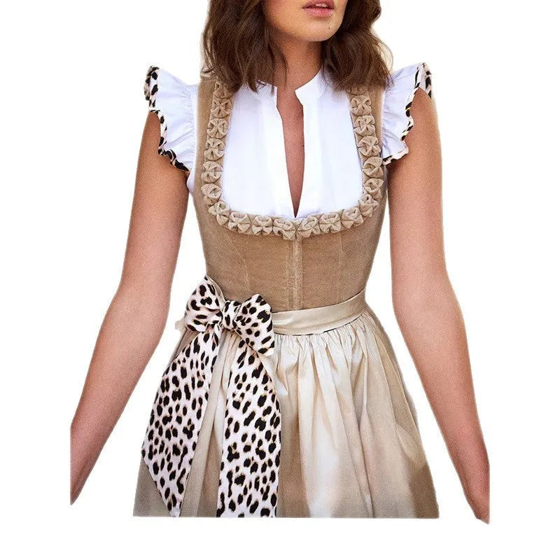 Khaki German Oktoberfest style women's dress with elegant design on mannequin