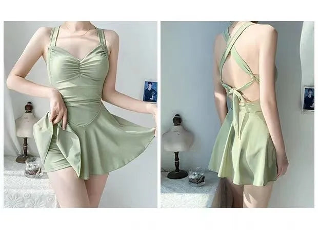 Women's avocado green one-piece boxer swimsuit with backless conservative design